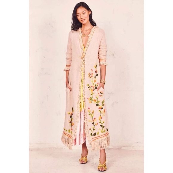 LoveShackFancy Valencia Floral Embroidered‎ Fringe Duster Cardigan in Oatmeal